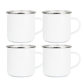 Set of 4 Enamel Mugs - Camping Gift Durable Hot Drinks White Outdoor Cup with Silver Rim - Travel Picnics Home Hiking
