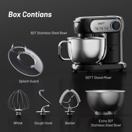 GEFT Stand Mixer, 3.5QT+6QT Two Bowls Kitchen Electric Mixer, 600W 6+P speed Tilt-Head Food Mixer with Stainless Steel Bowl, Dishwasher-Safe Dough Hook, Flat Beater, Wire Whisk, Splash Guard, Black