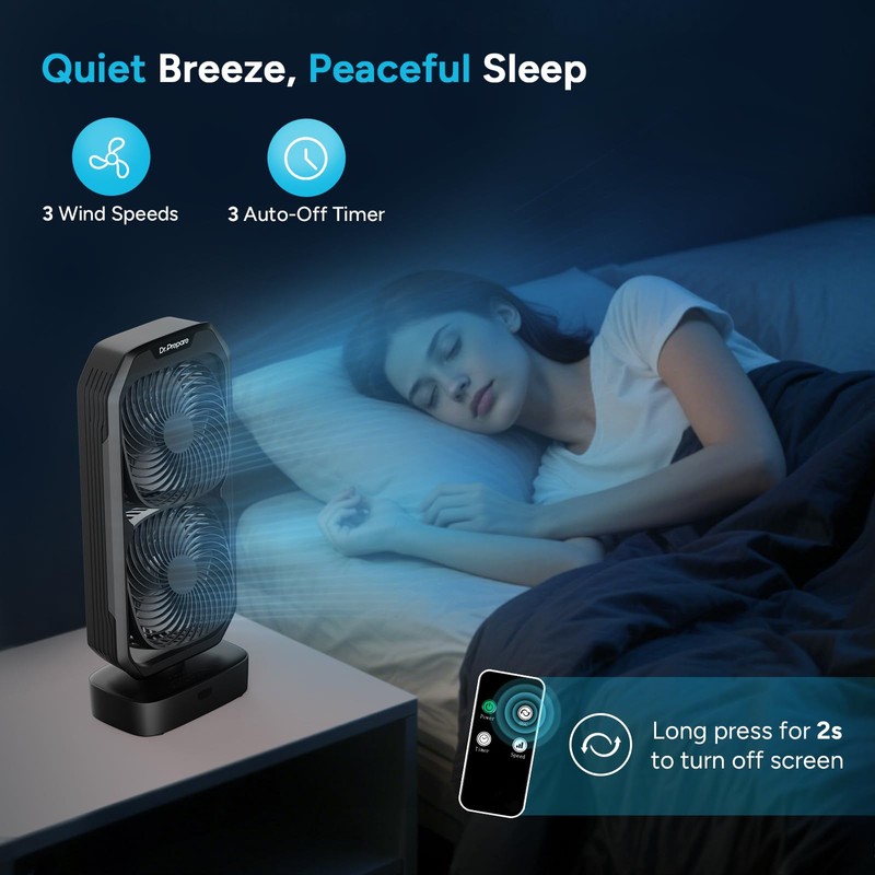 DR.PREPARE Small Oscillating Tower Fan with Remote, Rechargeable Battery Powered