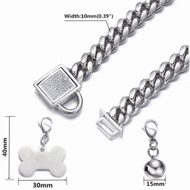 Rumypet Silver Dog Collar - Cuban Link Chain Choke Collar with CZ Buckle, ID Tag and Bell - Chew Proof for Puppy, American Pitbull, German Shepherd (10mm, 20inch)