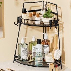 VITVITI 2 Tier Corner Bathroom Counter Organizer, Metal Bathroom Countertop Organizer Shelf Storage, Bathroom Sink Makeup Organizer for Vanity Perfume Skincare with Hooks, Black