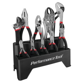 Performance Tool W1705 Pliers Set with Rack (10 Pieces) - Double Dipped Grip Handles, Heat-Treated Alloy Steel, Free Standing or Pegboard Hanging, Machined Jaws, Induction Hardened Cutting Edges