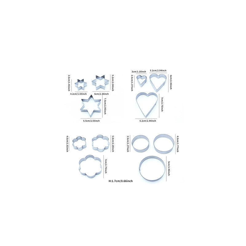 12 Piece Stainless Steel Cookie Cutter Set - Hearts, Stars,