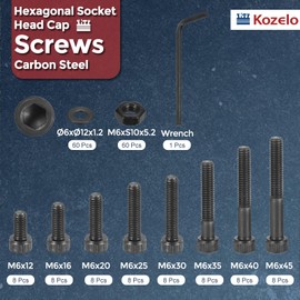 Kozelo 180pcs M6 Socket Head Cap Screws Bolts Nuts Assortment Kit - [M6x12/16/20/25/30/35/40/45mm] Alloy Steel Black Oxide 12.9 Internal Hex Screw for 3D Printer Use,with Wrench