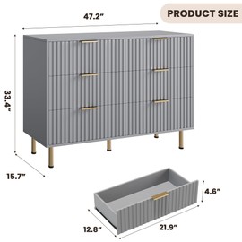 GAOMON Fluted 6 Drawer Wide Dresser, Modern Chest with Spacious Deep Drawers, Wooden Organizer Ideal for Living Room, Hallway, or Kids Room, Grey