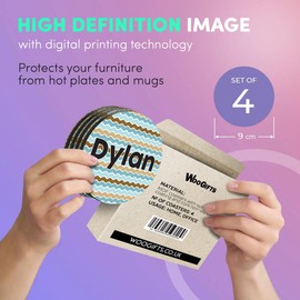 4 x Boxed Round Coasters - Name Dylan Blue Waves Geometry Zigzag Color Letter Lettering Initial Cork Backed MDF Glossy Tea Coffee Accessory #253481