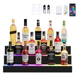 Dethan 3 Tier 30 Inch Liquor Bottle Display Shelf - Illuminated Wine Racks with Multi-Color App & Remote Control, Adjustable Brightness & Sound Modes, Acrylic Bar Shelves Displays