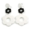 White/Black Plastic Graduated Flower Drop Long Earrings - 70mm L