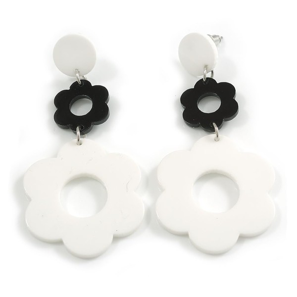 White/Black Plastic Graduated Flower Drop Long Earrings - 70mm L