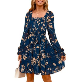 Simplee Womens Boho Long Sleeve Mini Dress Floral Square Neck Smocked Empire Waist Flowy Short Fall Wedding Guest Dresses Blue Green XL