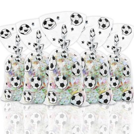 100 Pieces Soccer Treat Bags Soccer Cellophane Bags Soccer Party Bags Football Themed Goody Treat Bags with 100 Pieces Silver Twist Ties for Kids Soccer Themed Birthday Supplies