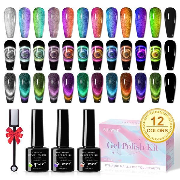 SUPWEE Cat Eye Gel Nail Polish Set - 12 Colors