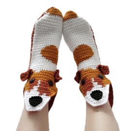 Crochet Knit 3D Novelty Crocodile Shape Socks for Women Men - Funny Crazy Warm Floor Funky Animal Socks (Adult Brown White Dog, One Size)