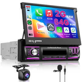 [2G+64G] Android 15 Single Din Flip Out Car Stereo, DAB 7 inch Touchscreen Car Radio with Wireless CarPlay Android Auto, WiFi, Bluetooth, FM/RDS Radio, DSP, Mirror Link, Double USB, SWC+ Camera