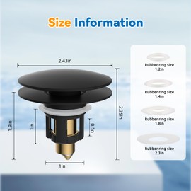 iFealClear Universal Black Bathroom Sink Stopper, Metal Pop Up Sink Drain Strainer with Hair Catcher, Fit 1.1"-2.36" US Basin, Wash Basin Drain Plug, Big Cover Cap, Brass Bounce Core, Matte Black