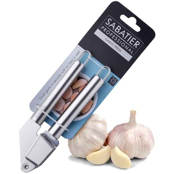 Sabatier Professional Stainless Steel Garlic Press - No Need to Peel. Strong Handle. Dishwasher Safe. Guaranteed for 25 Years. Garlic Crusher Also Works with Ginger.