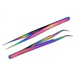 2 Pcs Rainbow Stainless Steel Tweezers for Eyelash Extensions, Straight and Curved Tip Tweezers Nippers, False Lash Application Tools