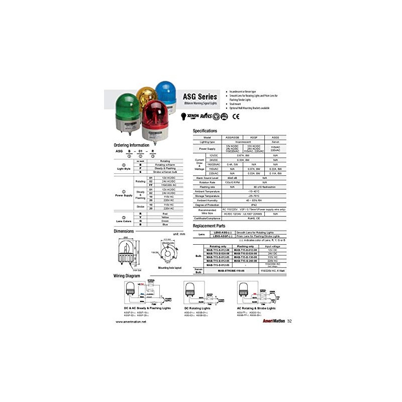 ASGB-02-R, Beacon Rotating Light, 86mm red Lens, 80dB Sound, Stud