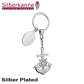 SILBERKANNE Key Ring Rudder and Anchor with Engraving Plate 11.5 x 4 cm Premium Silver Plated in Top Workmanship, silver