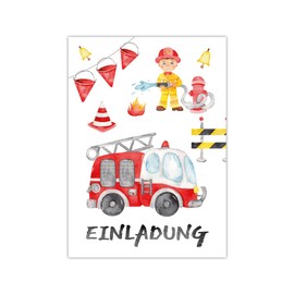 Junapack 12 Invitation Cards Including 12 Envelopes for Children's Birthday Boys Fire Brigade Fire Engine