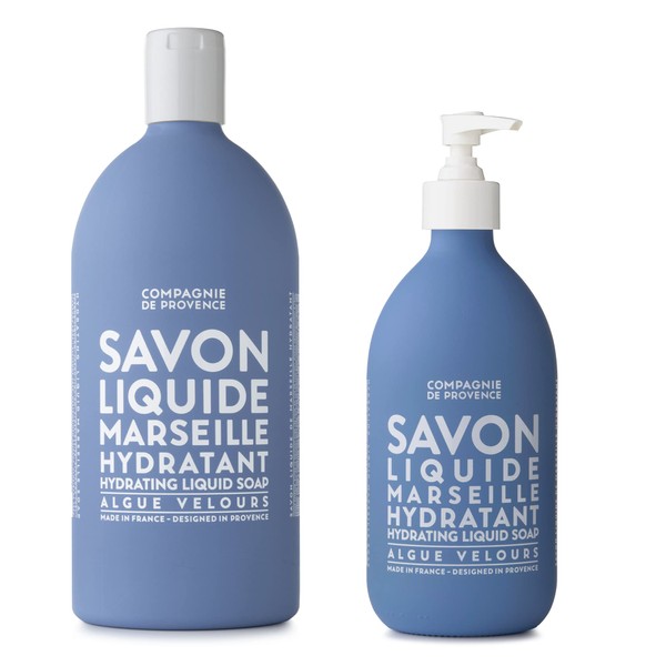 Compagnie de Provence Savon de Marseille Extra Pure Liquid Soap - Velvet Seaweed - 16.9 Fl Oz Glass Pump Bottle and 33.8 fl oz Plastic Bottle Refill