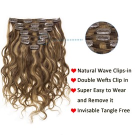 Anrosa Highlight Blonde Curly Clip in Human Hair Extensions Natural Wave Curly Clip in Hair Extensions 20inch Chocolate Brown Mixed with Strawberry Blonde Real Remy Human Hair Clip in Extensions 120g