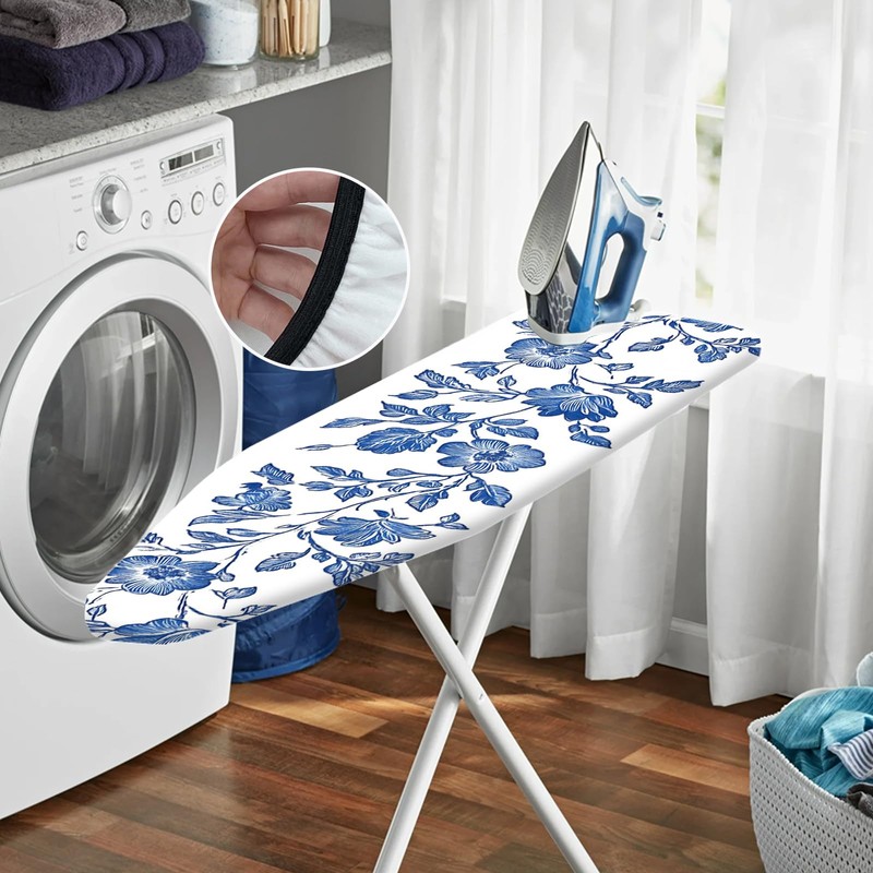 Nuxovilar White Background with Blue Floral Vines Ironing Board Cover,