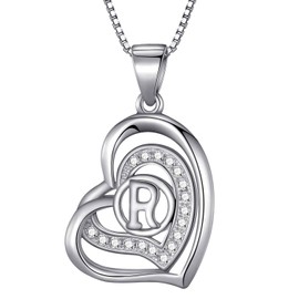 Morella Women's Necklace with Heart Pendant Letter R 925 Sterling Silver Rhodium Plated with Zirconia White in Velvet Bag