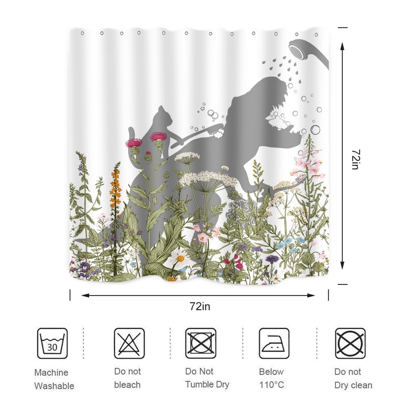 BIYSUC Cat Dinosaur Shower Curtain Funny Cat Help Dino Bathe