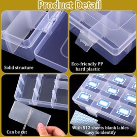 Vyndicca 4 Pack Clear Plastic Organizer Box,36 Grids Clear Bead Storage Containers with Adjustable Divider,Clear Organizer Box for Bead Art DIY Craft Jewelry Fishing with 512 Label Stickers