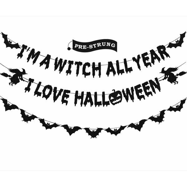 Halloween Decorations - Glittery Black I'm A Witch All Year I Love Halloween Banner, Halloween Garland with Witch and Halloween Bats for Halloween Party Decorations, Bats Wall Decor, Hocus Pocus Decorations