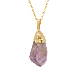 Natural Amethyst Rough Stone Healing Crystal Pendant Necklace, Yellow Gold Tone, Cable Chain 18"