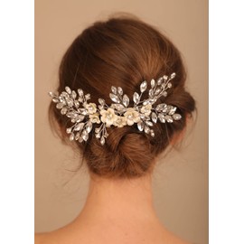 Deniferymakeup Flower Wedding Hair Comb Clip Pearl Hair Comb Bridal Crystal Wedding Hair Accessories for Brides and Bridesmaid (Style 3)