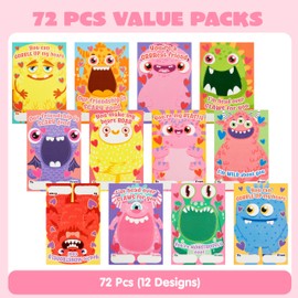 JOYIN 72 Pcs Valentines Day Gifts Cards of Monster Designs with Bags, Valentine’s Hollow Greeting Cards Candy Holder Cards for Kids, Classroom Exchange Cards Party Favors(Candy Not Included)