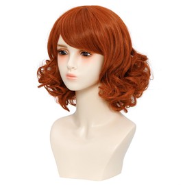 incohair Short Orange Red Curly Wig for Women with Bangs, Shoulder Length Ginger Wigs Natural Look Hair for Daily Party Use