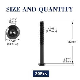 M8 x 80mm 20Pcs Flat Head Hex Socket Cap Screws Bolts, 304 Stainless Steel 18-8, Partially Threaded, Black Oxide by SG TZH (with Hex Spanner)