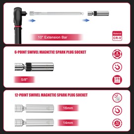 Magnetic Spark Plug Socket Set with Torque Wrench 3/8 Drive, 5-45 ft.lb/6.8-61 Nm, 5PCS Swivel Spark Plug Socket Set with Torque Wrench, Spark Plug Socket (14mm/16mm/5/8-inch), 10" Extension Bar