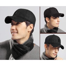 Baseball Cap with Ear Flaps Unisex Winter Caps Baseball Caps Hats Winter Earflap Trapper Ski Hats Peaked Cap Trapper Trooper Bomber Hat Warmer Foldable Earmuffs Polar Fleece Lining Adjustable Black