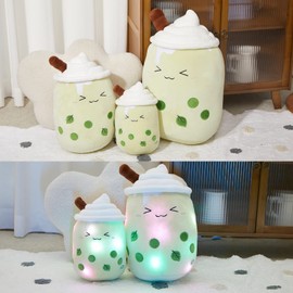 Athoinsu Light Up Matcha Boba Tea Plush Pillow 10'' Kawaii Stuffed Bubble Stuffed Animal Toy with LED Lights Birthday Christmas Holiday Valentines Gifts for Kids,Girls,Boys