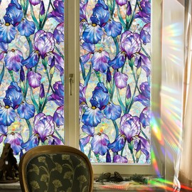 GORGECRAFT 39.4x17 Inch Rainbow Window Privacy Reflective Mirror Film Blue Flower Sun Blocking Window Cling Stained Window Glass Decorative 3D Static UV Resistant Decals Non-Adhesive Sticker for Home