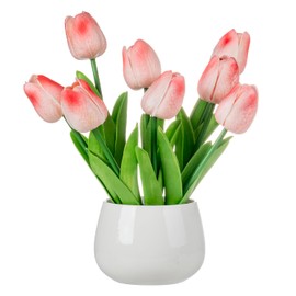 MyGift Realistic Artificial Pink Tulips in White Ceramic Vase – Faux Tulip Flower Arrangement for Home & Office Decor, Potted Tabletop Fake Plants in Round Ceramic Planter, Elegant Spring Decor