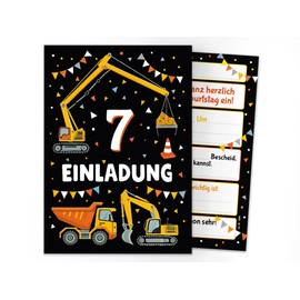 12 Invitation Cards with 12 Envelopes for 7th Children's Birthday Boys Digger Construction Site Children Cool Colourful Invitations Seventh Birthday Invitations Kids