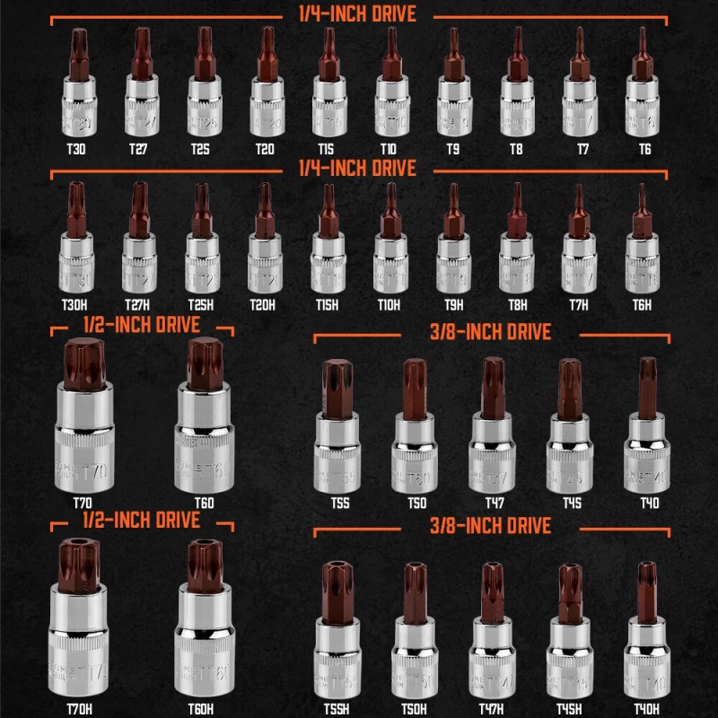 HORUSDY 34PC Master Torx Bit Socket Set S2 Steel 1/2"