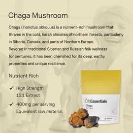 Life Essentials Chaga Mushroom Extract 400mg - High Strength Immune Support Supplement - 60 Capsules - Natural Antioxidant Chaga Supplement for Wellness & Vitality