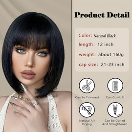 Lanseek Short Bob Wig with Bangs 12 Inch Short Synthetic Bob Wig for Women Natural Looking for Daily Use (Natural Black)