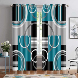 EOTDMS Teal Gray Geometric Blackout Curtains for Bedroom, White Gray Modern Abstract Plaid Circle Room Darkening Curtain Thermal Insulated Window Drapes for Living Room, 2 Panels, 42x84 inches Length