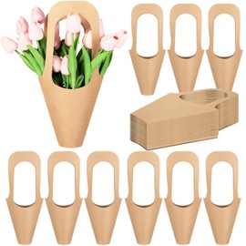 Epicover 50 Pcs Flower Present Bags, Kraft Paper Bouquet Bags, Paper Bouquet Holders with Sturdy Handles, Brown Flower Wrapping Bag for Fresh Flowers, Plants