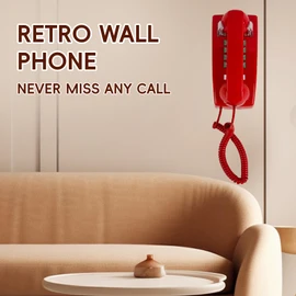 Retro Red Wall Phone Ringer On or Off, Updated 2544 Wall Telephone, Vintage Wall Telephone with Metal Base, Old Wall Phones for landline, Backup Emergency Phone for Home, Kitchen