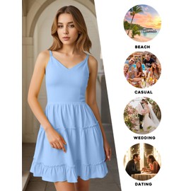 FANCYINN Women Solid Casual Tiered Mini Dresses Spaghetti Strap V Neck Backless A Line Swing Short Dress with Pockets Light Blue L