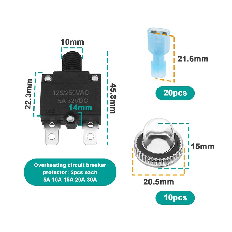 VGOL 10Pcs 5 Sizes Thermal Circuit Breaker with Quick Connect